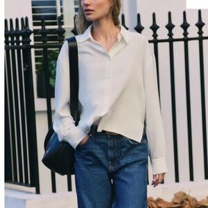 ZARA CREPE TIE SHIRT Oyster WHITE MEDIUM Side Vents Back Drawstring